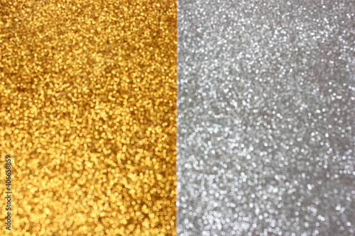 Abstract background half gold and half silver with bokeh and glitter effect with copy space.