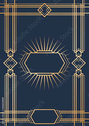 Art Deco Frame, 1920s - 1940s Golden Geometric Frame Background 