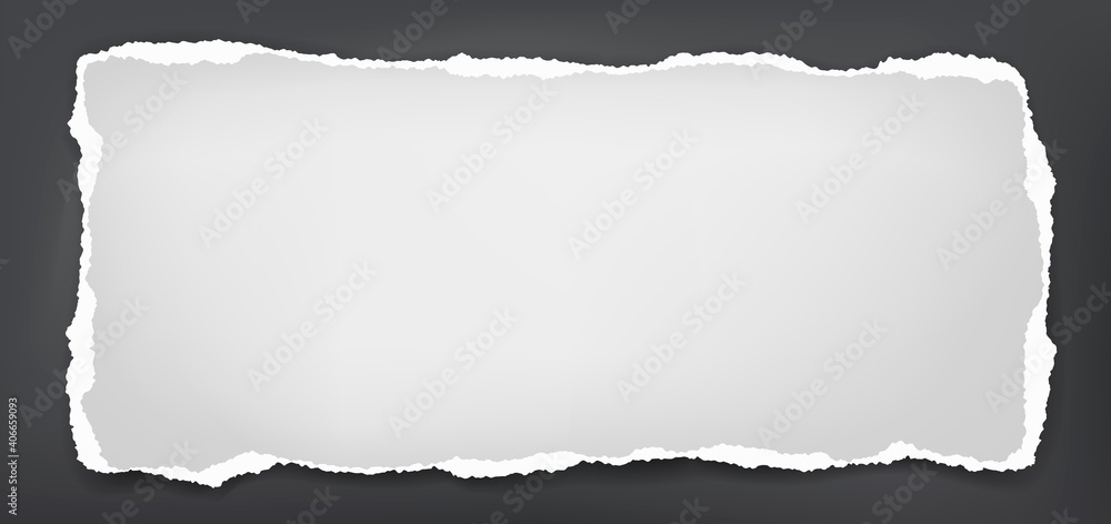 Piece of torn white paper is on black background for text, advertising or design. Vector illustration