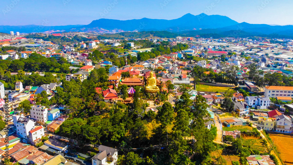 Aerial view of The Golden Buddha statue or Thien vien Van Hanh in Dalat city in Vietnam.