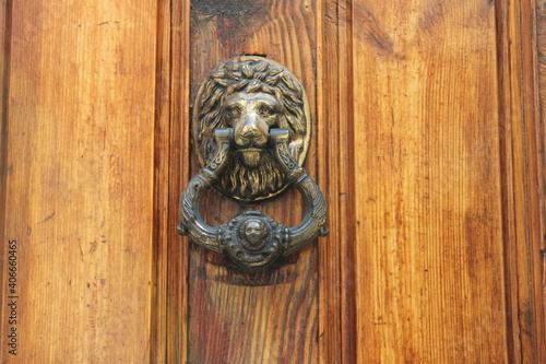 Old gold, bronze knocker on wooden door