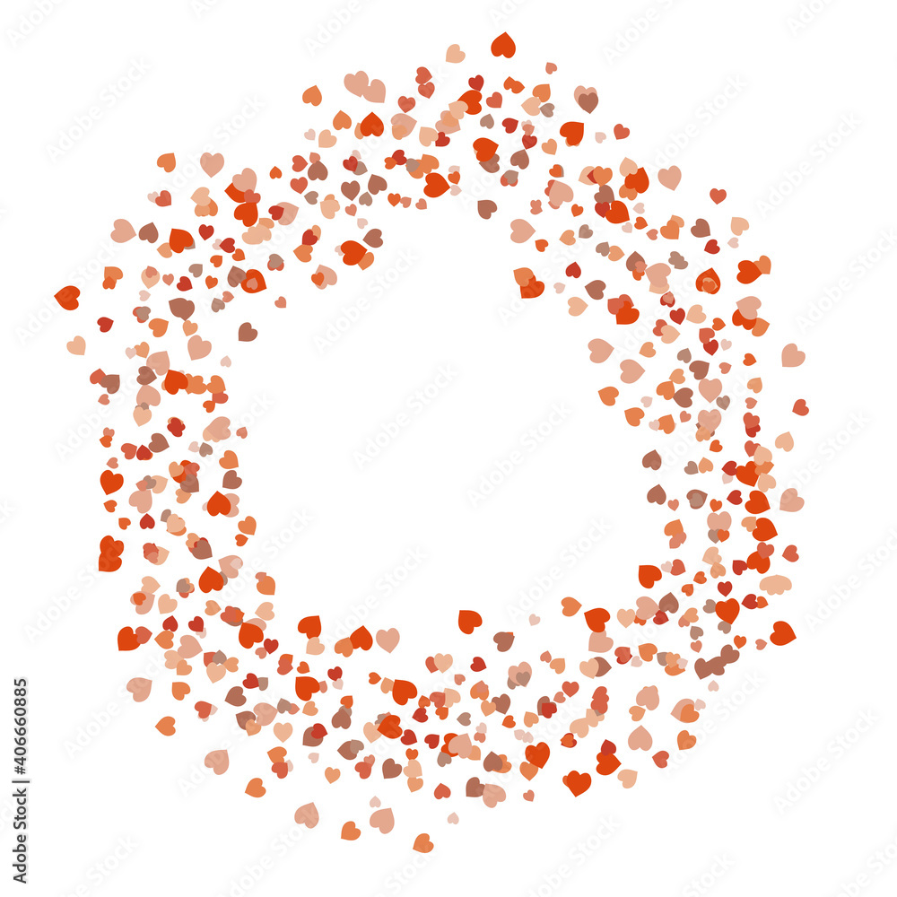 Round frame with festive light and dark orange hearts on white background. Vector image.