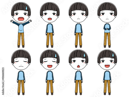 驚いたり落ち込んだり困った表情の男の子の全身イラストセット