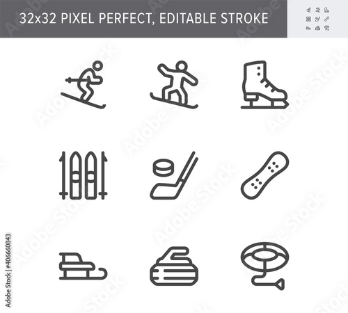 Winter sport flat icons. Vector illustration with minimal icon - skier, skates, ice hockey, curling stone, snowboard, tubing simple pictogram. 32x32 Pixel Perfect