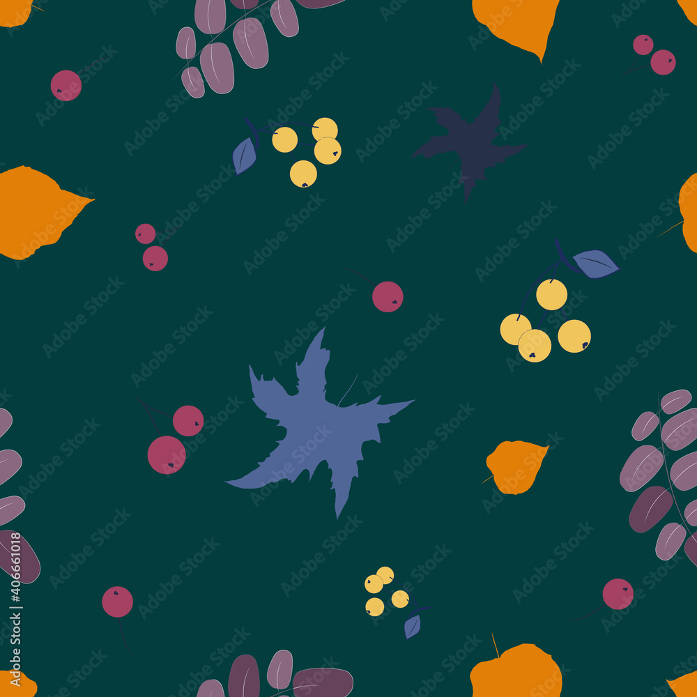 Seamless pattern of multicolored stylized leaves and berries on a dark background