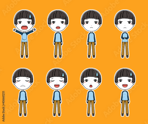 白フチつきの驚いたり落ち込んだり困ったような表情をしている男の子の全身イラストセット