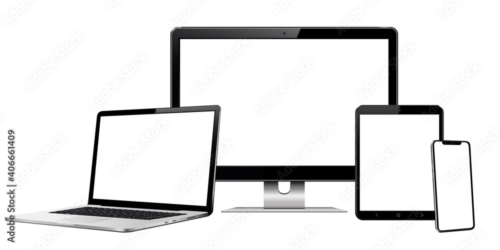 Responsive web design computer display with laptop and tablet pc with mobile phone - obrazy, fototapety, plakaty 