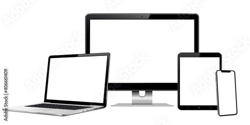 Responsive web design computer display with laptop and tablet pc with mobile phone