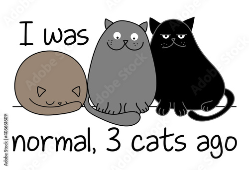 I was normal 3 cats ago - funny quote design with three different cats. Kitten calligraphy sign for print. Cute cat poster with lettering, good for t shirts, gifts, mugs or other pritable designs for.