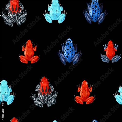Vector seamless pattern with vivid tropical frogs