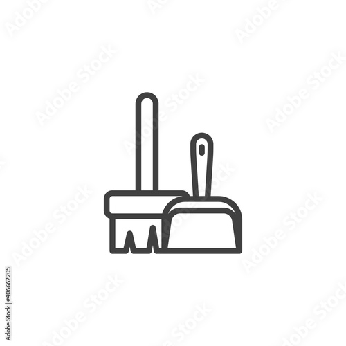 Broom and scoop line icon. linear style sign for mobile concept and web design. Dustpan and broom outline vector icon. Symbol, logo illustration. Vector graphics