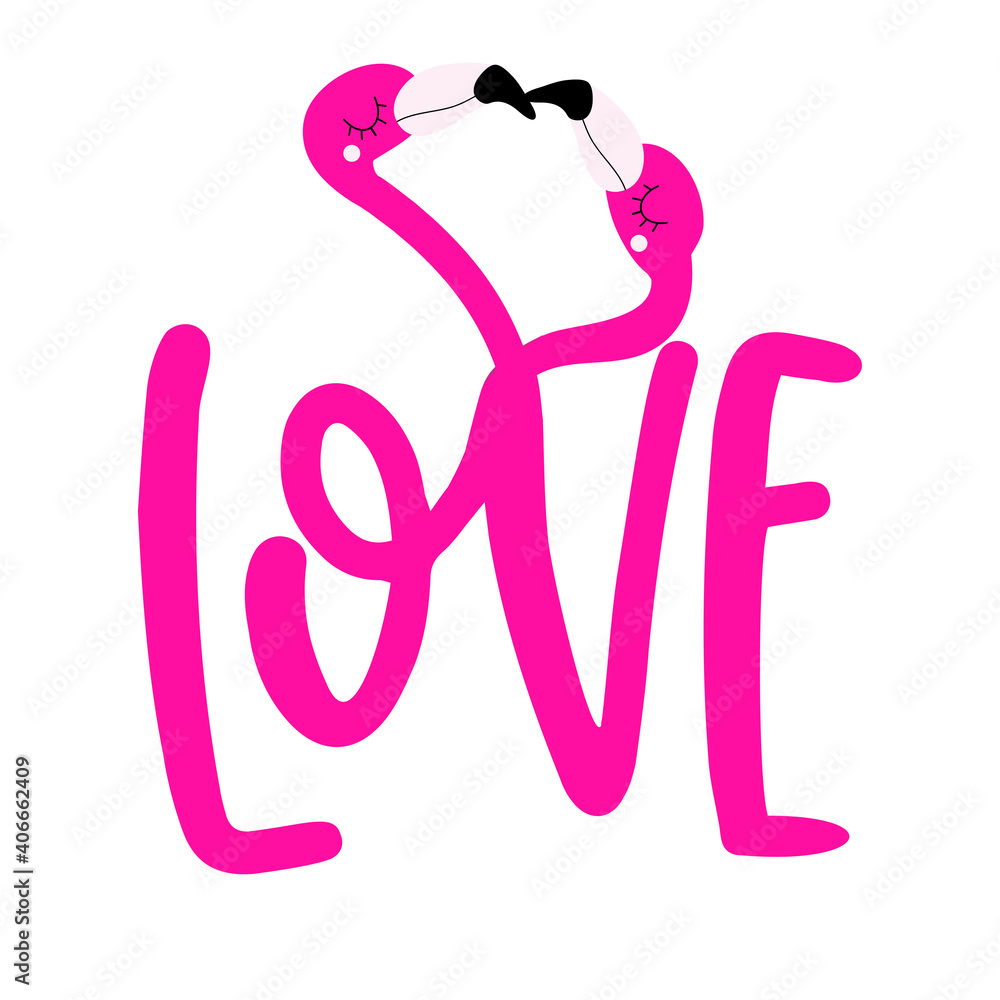 LOVE with romantic flamingos - Valentine's Day handdrawn illustration with two Flamingo couple in love. Handmade lettering print. Vector adorable illustration with cute birds with tangled neck. 