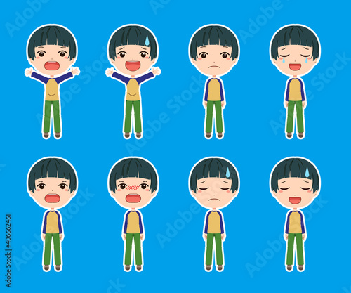 白フチつきの驚いたり落ち込んだり怒ったりしている男の子の全身イラストセット