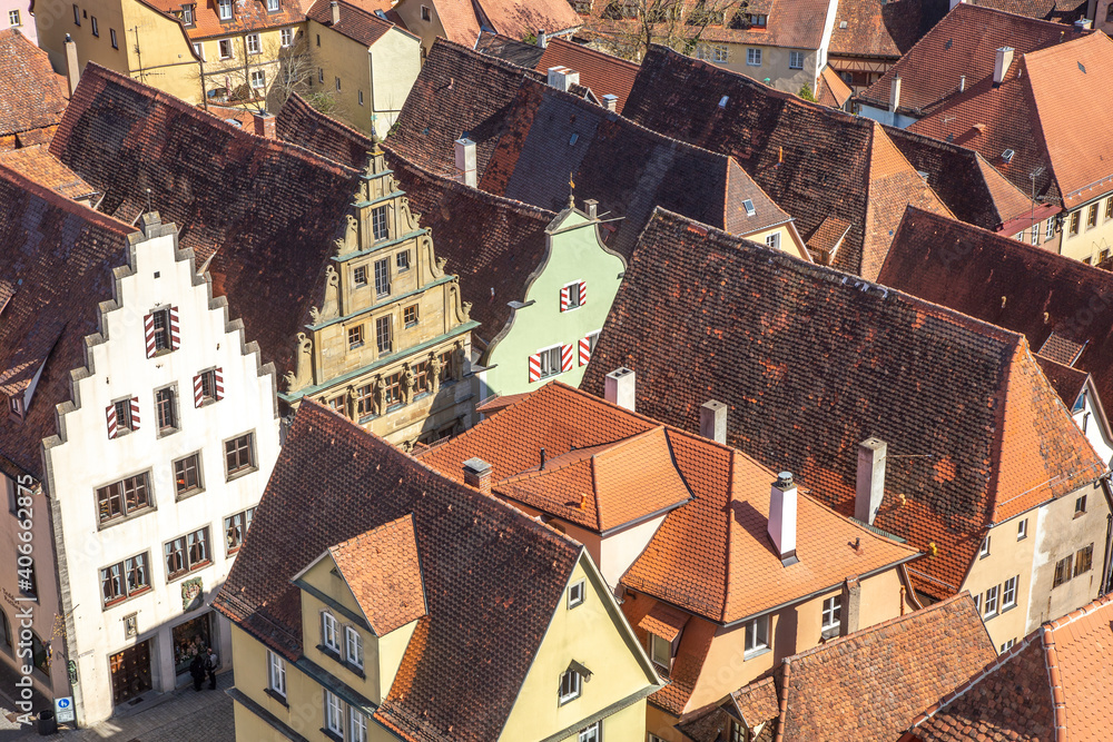 view to red roofs of Rothenburg ob der Tauber, Germany.