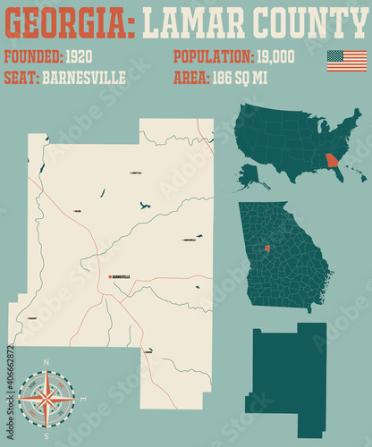 Large and detailed map of Lamar county in Georgia, USA. photo