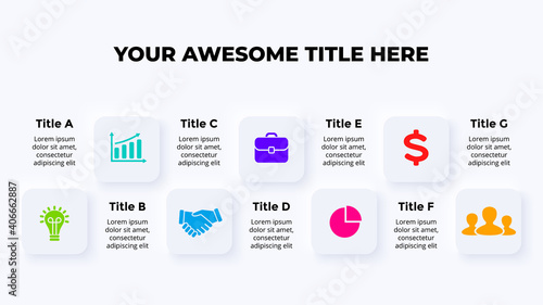 Neumorphic Vector Infographic. Presentation slide template. Squares with icons. 7 processes. Neumorphism ui design. Clean minimal flat style. 