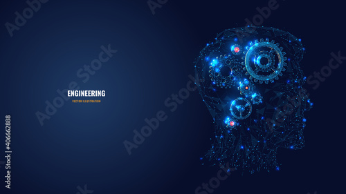 3d gears in head digital low poly wireframe. Engineering, mechanical technology or symbol of thinking, idea concept in dark blue. Abstract mesh illustration with lines and dots looks like starry sky
