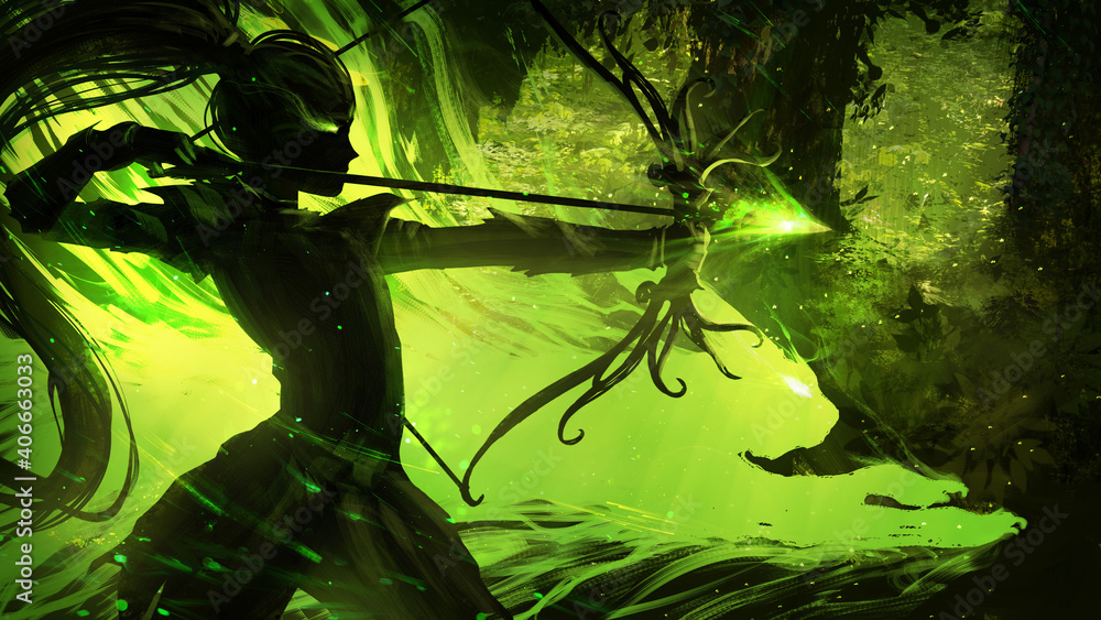 Obraz premium The black silhouette of a young elf hunter in a green forest, she stands in a fighting position with a stretched magic arrow, ready to hit her target, on her side the spirit cat raring to fight. 2d 