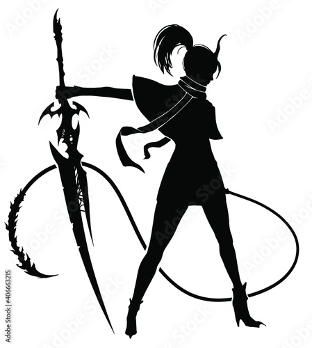 The black silhouette of a graceful demon girl, with a huge, oddly shaped saber in one full hand and a long, spiked whip in the other.. 2d illustration.