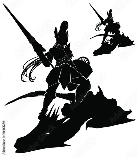 The black silhouette of a female warrior with a broad lancem spear, she defeated the dragon and stands next to his corpse, stepping on it with one foot. 2d illustration.