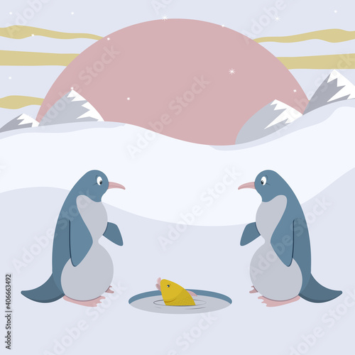 Two penguins and gold fish from hole. vector illustration.