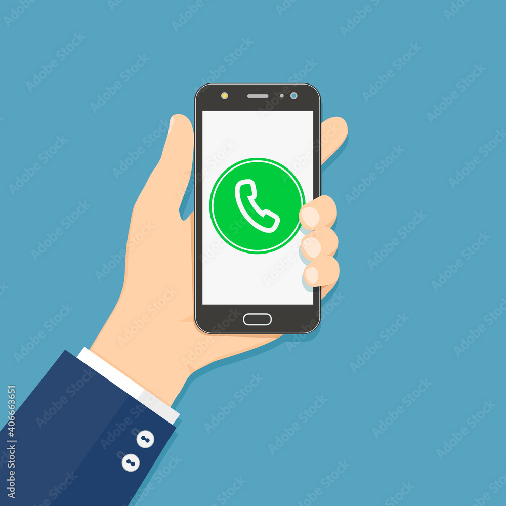 Phone call button on smartphone screen. Hand holding smartphone. Flat design vector illustration. Phone call button on smartphone screen. Hand holding smartphone. Flat design vector illustration.