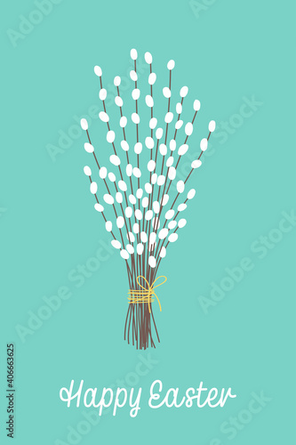 Happy Easter greeting card. Bouquet of willow branches isolated on a blue background. Easter holiday symbol.