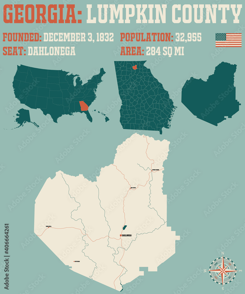 Large and detailed map of Lumpkin county in USA. Stock Vector