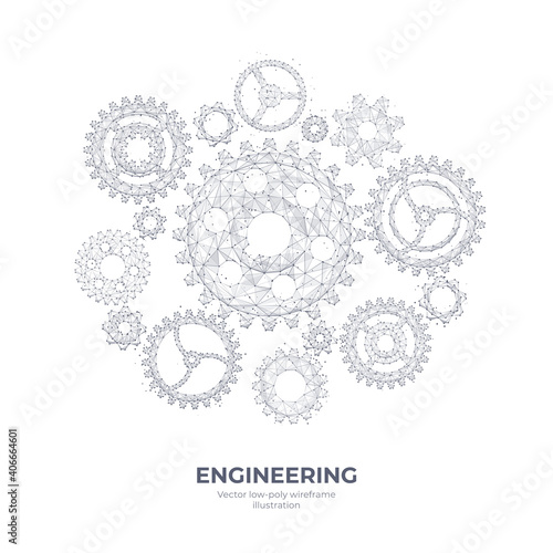 Abstract vector 3d gears isolated in white background. Cogs and gear wheel mechanisms wireframe. Engineering or mechanical technology concept. Digital low poly hand drawing with dots, lines, and shape