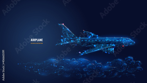 Digital 3d airplane flying over clouds. Abstract vector wireframe of airliner in the sky. Travel, tourism, business, transportation concept. Low poly dark blue mesh with dots, lines and glowing stars 