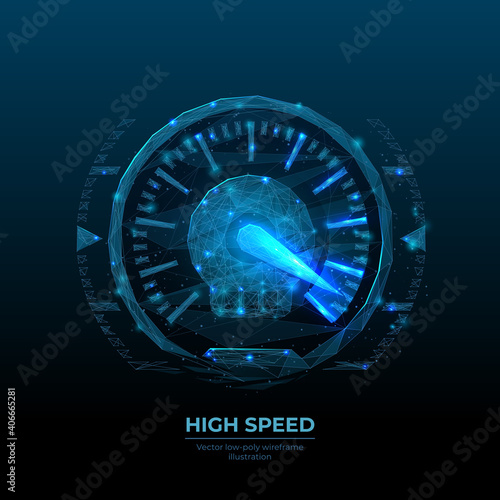 3d car speedometer in dark blue background. Digital low poly wireframe of high speed concept. Abstract vector mesh image of speed indicator with connected dots, shapes, stars and glowing particles