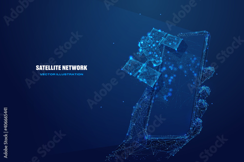 3d satellite and hand holding phone. Satellite network technology, mobile global internet communications concept. Digital polygonal wireframe in dark blue. Abstract vector mesh looks like starry sky
