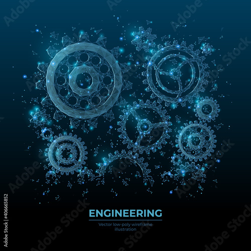 Abstract vector 3d gear wheels in dark blue. Cogs and gear wheel mechanisms wireframe. Engineering or mechanical technology concept. Digital low poly mesh with dots, lines, stars and flying particles