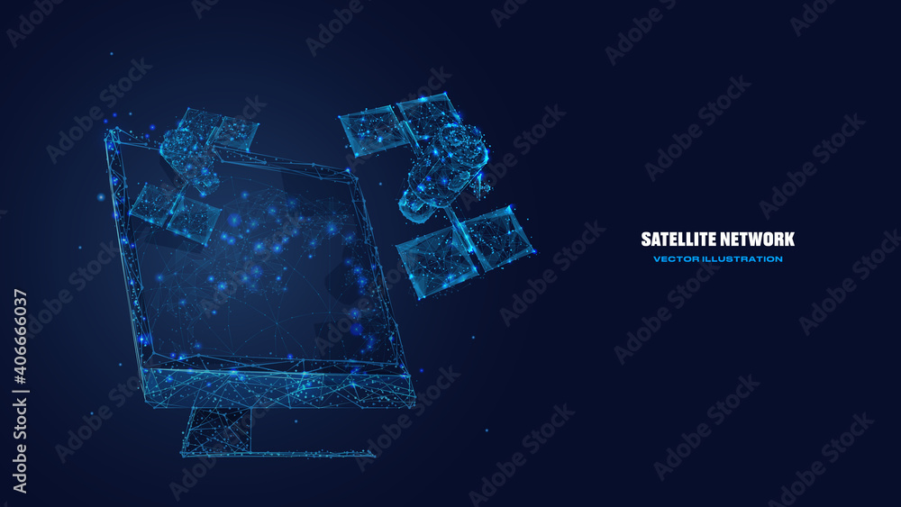 Digital low poly 3d satellites and computer screen in dark blue. Satellite network technology, global internet communications concept. Abstract vector wireframe with lines, dots, stars and particles Digital low poly 3d satellites and computer screen in dark blue. Satellite network technology, global internet communications concept. Abstract vector wireframe with lines, dots, stars and particles