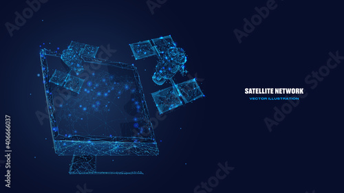 Digital low poly 3d satellites and computer screen in dark blue. Satellite network technology, global internet communications concept. Abstract vector wireframe with lines, dots, stars and particles