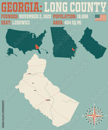 Large and detailed map of Long county in Georgia, USA. photo