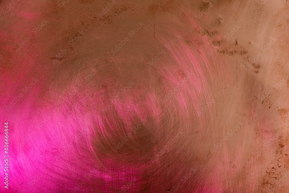 Copper surface with pink color reflection. Randomly located. Abstract fantasy. There are scratches on the copper surface. Minimalism. Copy space. Copper surface with pink color reflection. Randomly located. Abstract fantasy. There are scratches on the copper surface. Minimalism. Copy space.