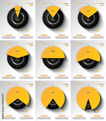 Set of infographic pie chart templates. Share of 10, 20, 30, 40, 50, 60, 70, 80, 90 percent. Vector illustration
