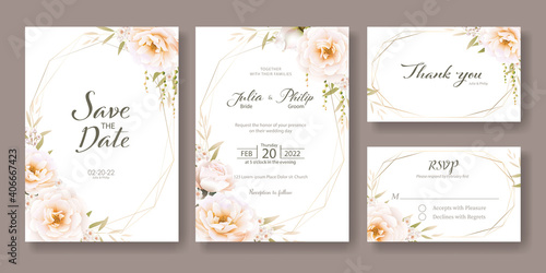 Set of floral wedding Invitation card, save the date, thank you, rsvp template. Vector. Romantic rose with greenery.