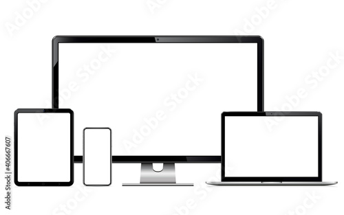 Modern technology devices - computer monitor, laptop, digital tablet and mobile phone with blank screen