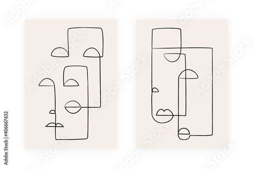 Abstract background set. Woman portrait in Cubism one line style. Creative design for posters, cards, wall art decor, social media apps