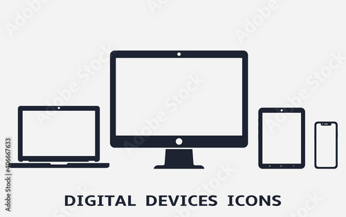 Device icons: smart phone, tablet, laptop and desktop computer. Template for infographics or presentation.