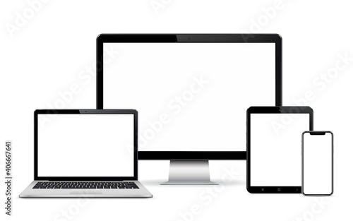 Set of blank screens with computer monitor, laptop, tablet, phone