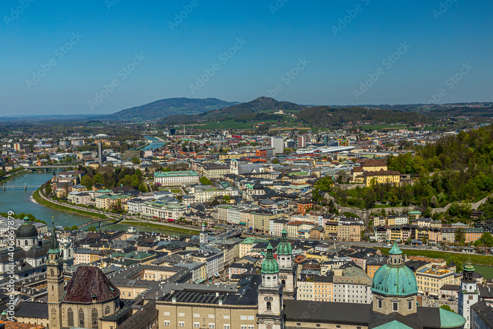  view to the old city of Salzburg from the castle Hohensalzburg hill