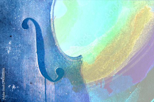 Old violin lying on the sheet of music, abstract watercolor concept