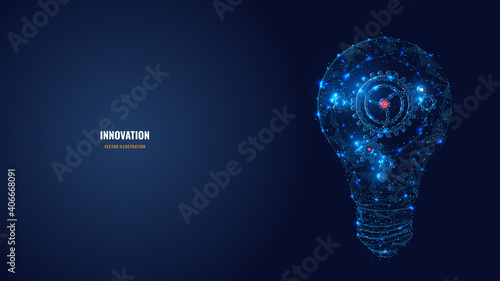 Abstract light bulb with gears inside. Innovation, creativity, business technology idea concept in dark blue. Digital vector wireframe looks like starry sky. Low poly glowing mesh with connected dots