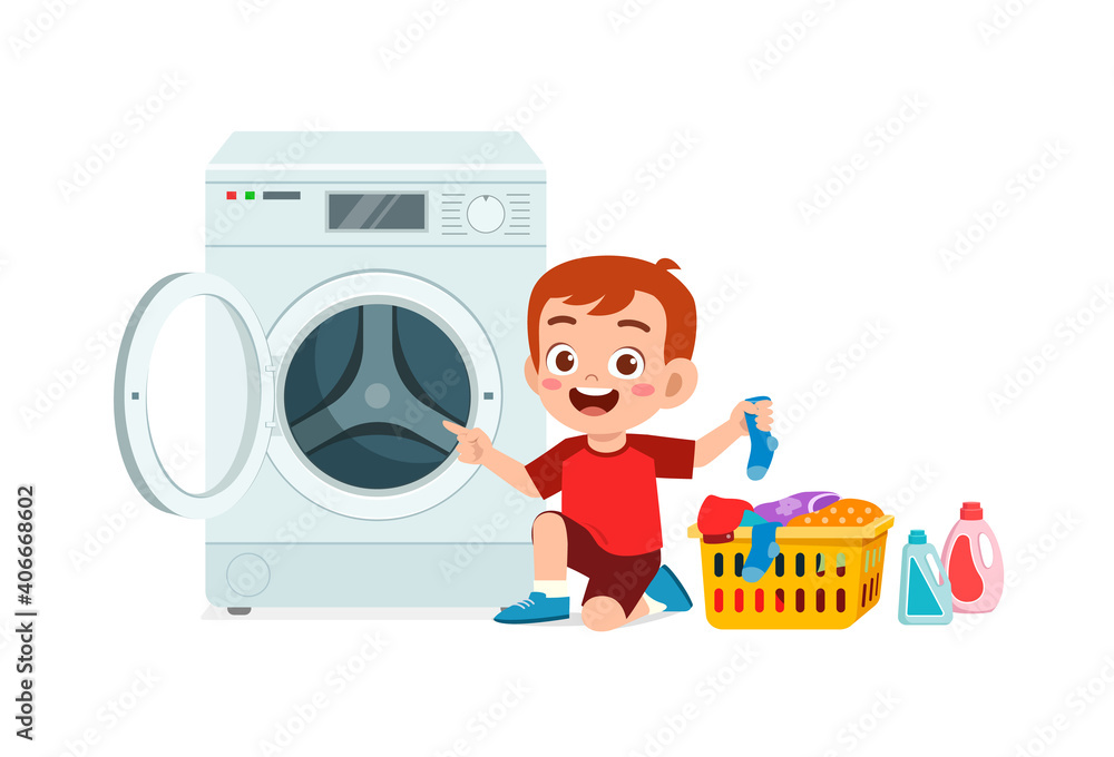 happy cute kid do laundry with washing machine Stock Vector | Adobe Stock
