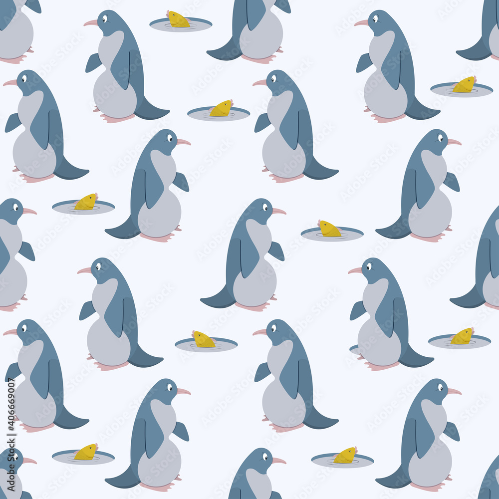 Naklejka premium Pattern of penguins and gold fish from hole. vector illustration.