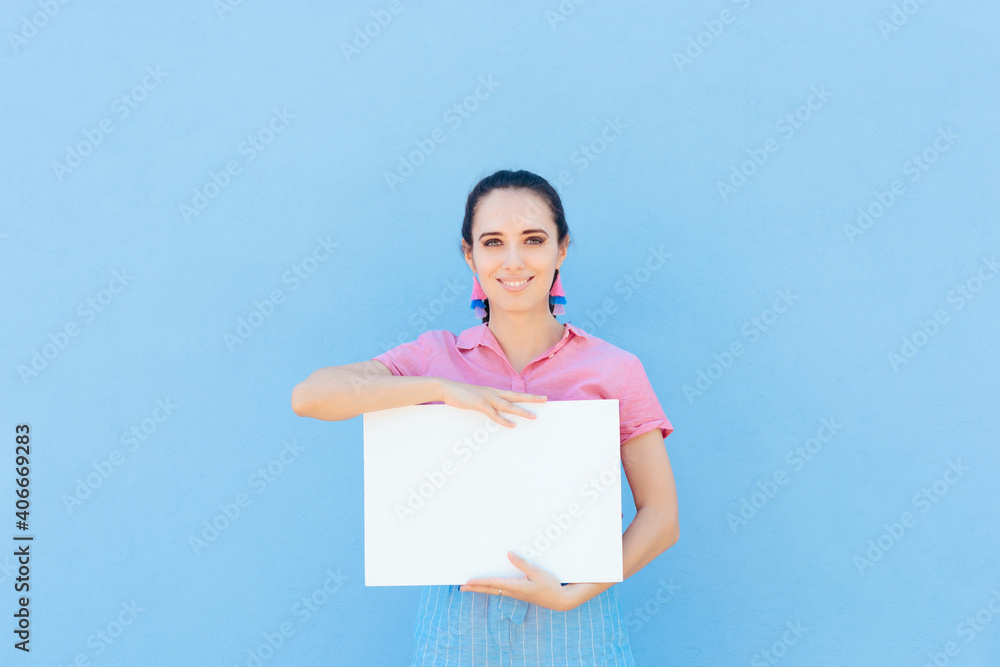 Happy Woman Holding Empty White Advertising Board Happy Woman Holding Empty White Advertising Board