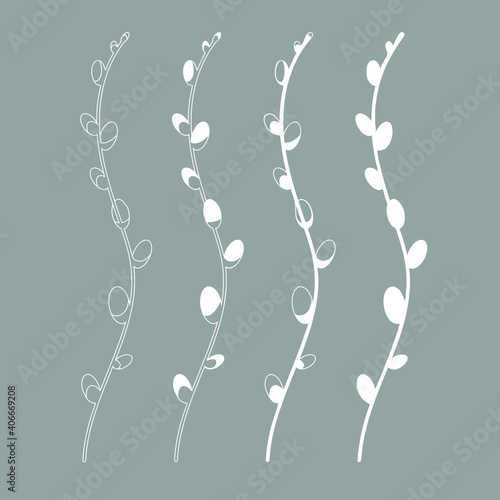 vector set of pussy willow branches for decoration. Twigs, outline white on gray background  set for Easter.